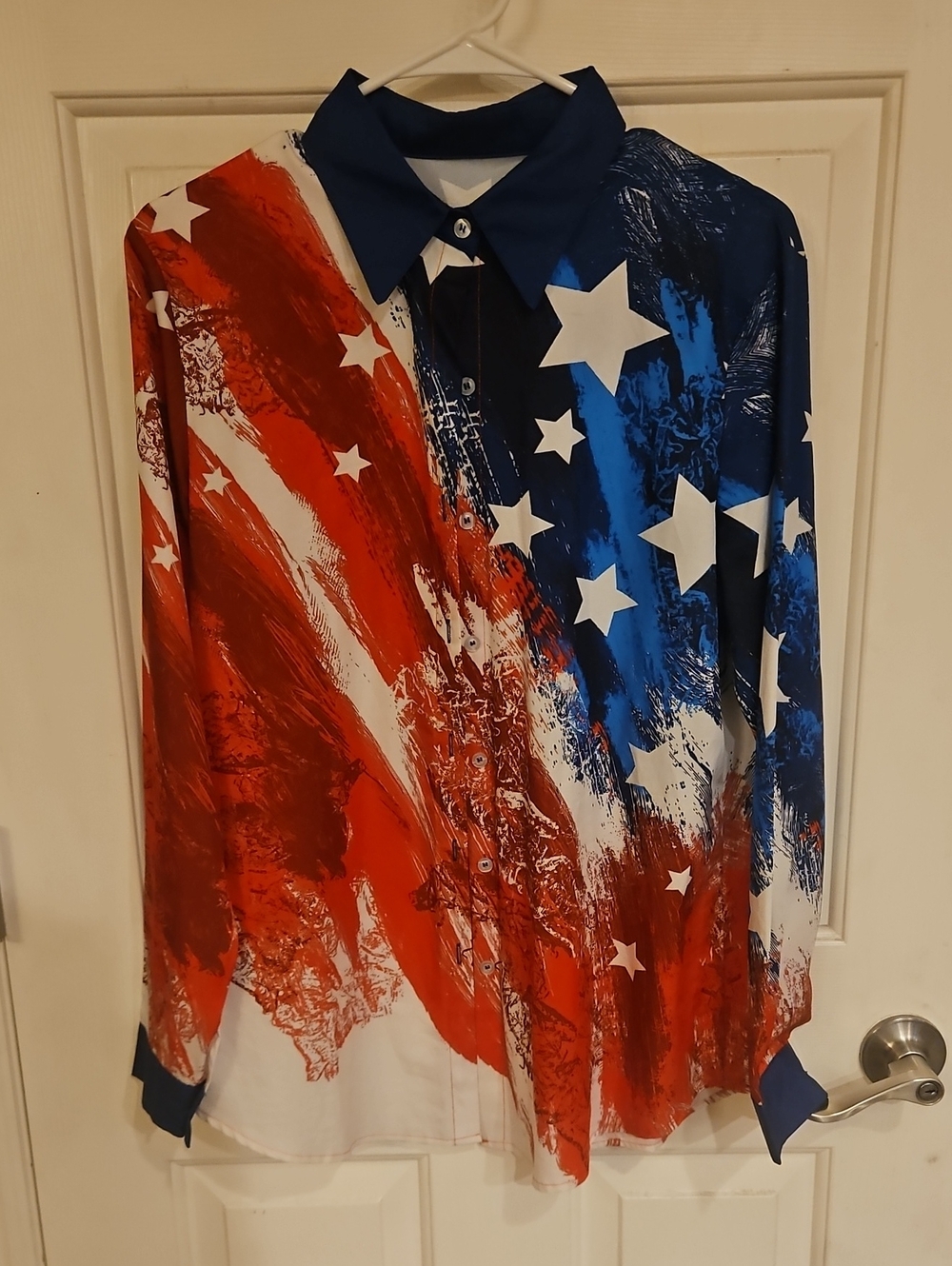 Women’s Flag Print Button-Up Blouse - Red, White & Blue